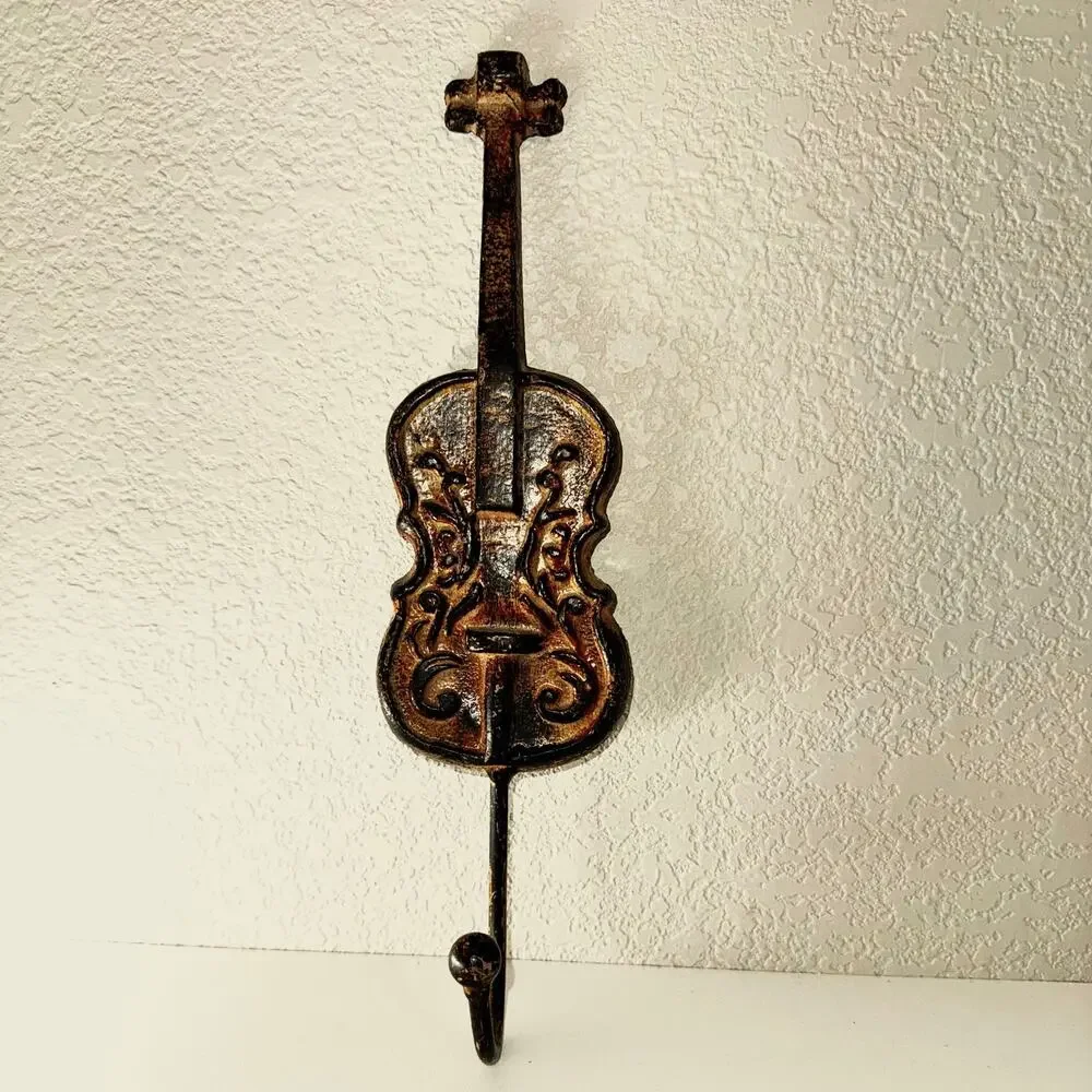 Vintage Cast Iron Violin Wall Hook – Rustic Bronze Patina – Music Room Decor